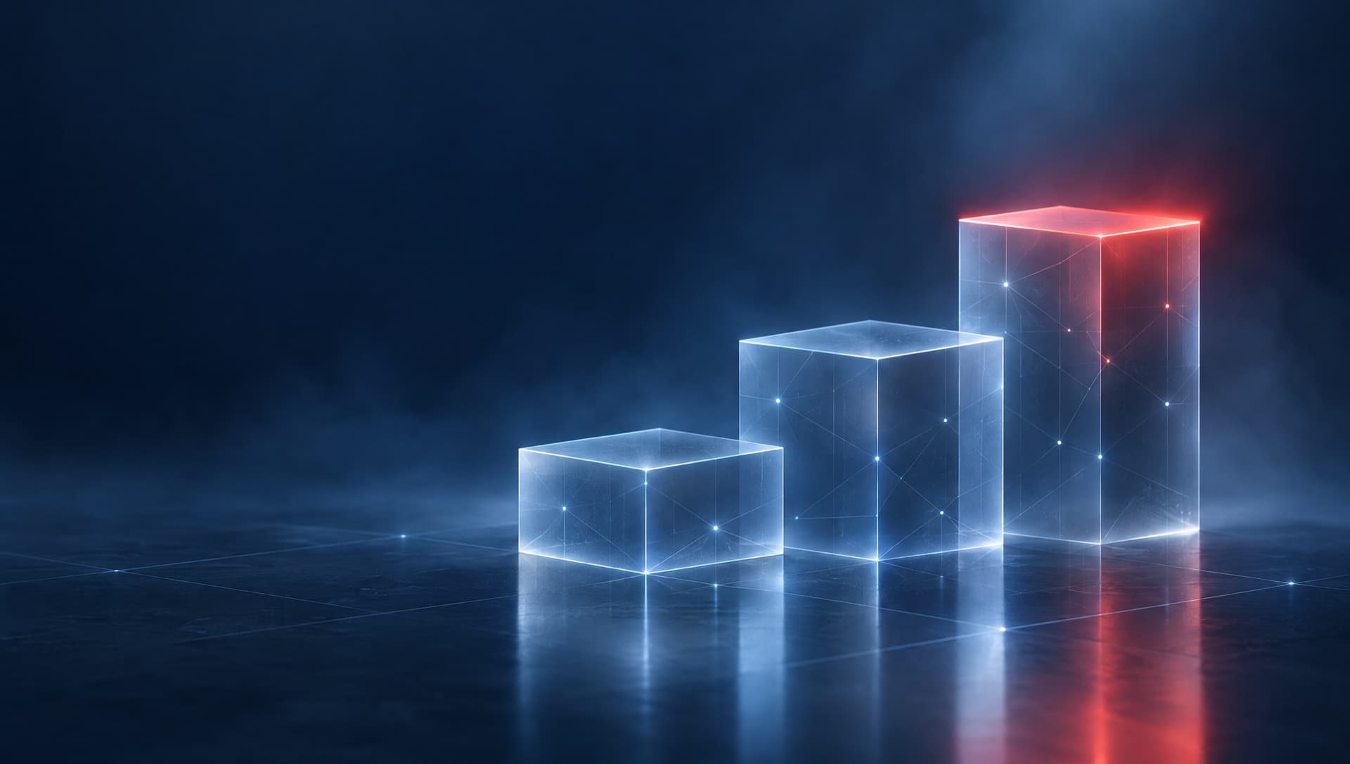 Trois paliers de verre qui montent vers une lumière rouge, symbole du passage au niveau CyFun Essential