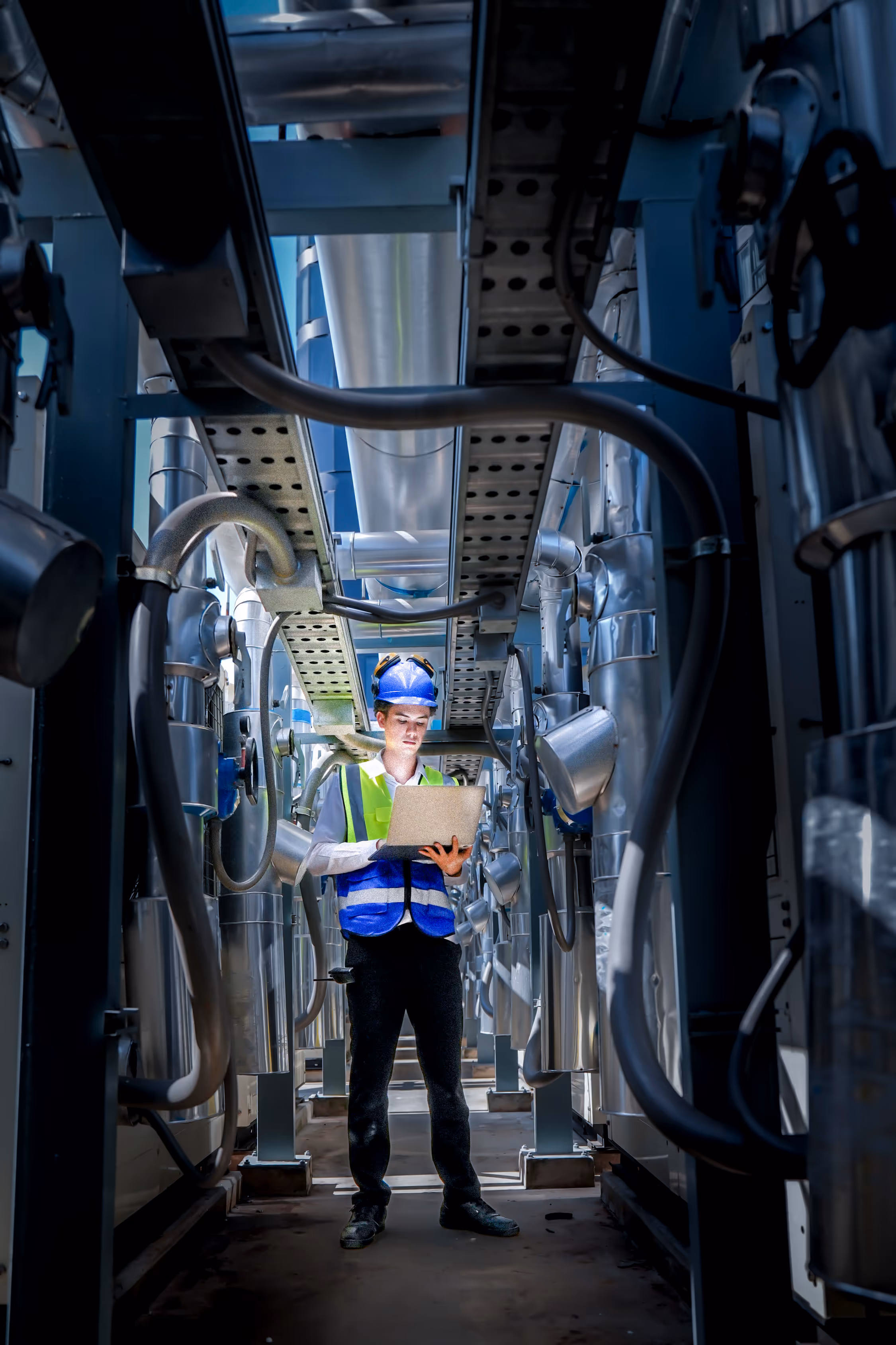 Technicien dans un couloir industriel